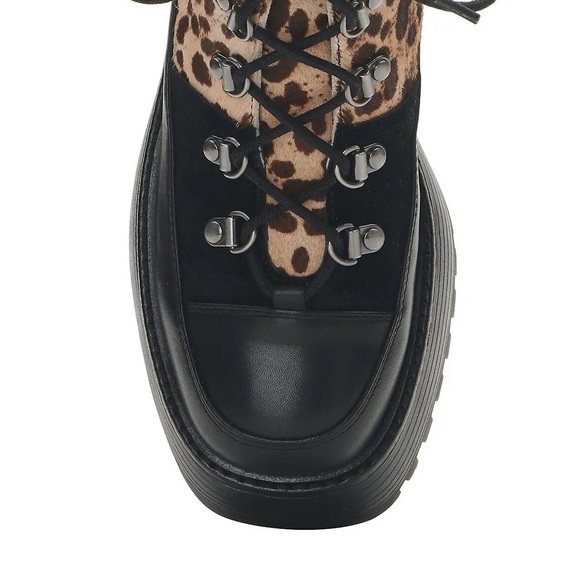 Vince Camuto Mertami Combat Lace Up Boot Black Brown Leopard Leather Cow Fur 6.5 - Picture 6 of 14